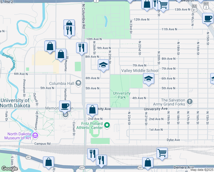 map of restaurants, bars, coffee shops, grocery stores, and more near 2505 6th Avenue North in Grand Forks