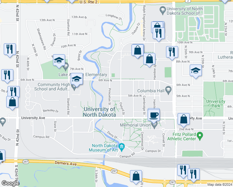 map of restaurants, bars, coffee shops, grocery stores, and more near 3210 5th Avenue North in Grand Forks