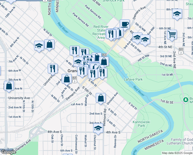 map of restaurants, bars, coffee shops, grocery stores, and more near 307 Demers Avenue in Grand Forks