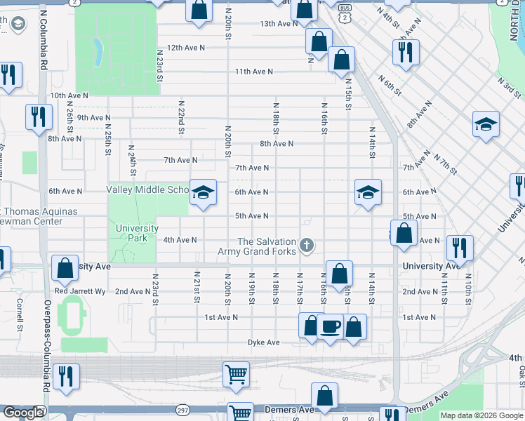 map of restaurants, bars, coffee shops, grocery stores, and more near 1809 6th Avenue North in Grand Forks