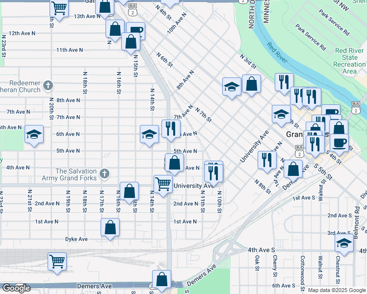 map of restaurants, bars, coffee shops, grocery stores, and more near 501 North 12th Street in Grand Forks