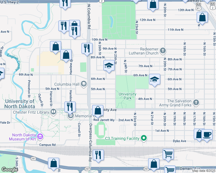 map of restaurants, bars, coffee shops, grocery stores, and more near 2508 5th Avenue North in Grand Forks