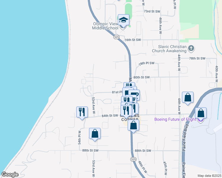map of restaurants, bars, coffee shops, grocery stores, and more near 5119 81st Place Southwest in Mukilteo