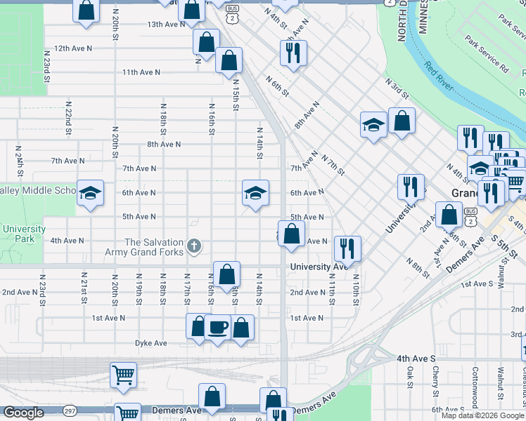 map of restaurants, bars, coffee shops, grocery stores, and more near 1309 6th Ave N in Grand Forks