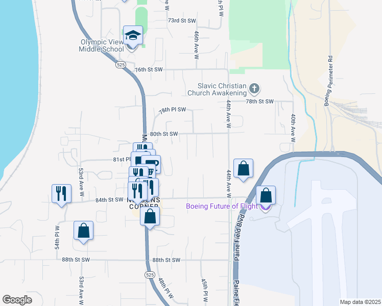 map of restaurants, bars, coffee shops, grocery stores, and more near 8029 46th Place West in Mukilteo