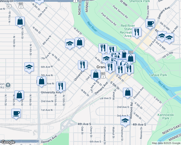 map of restaurants, bars, coffee shops, grocery stores, and more near in Grand Forks