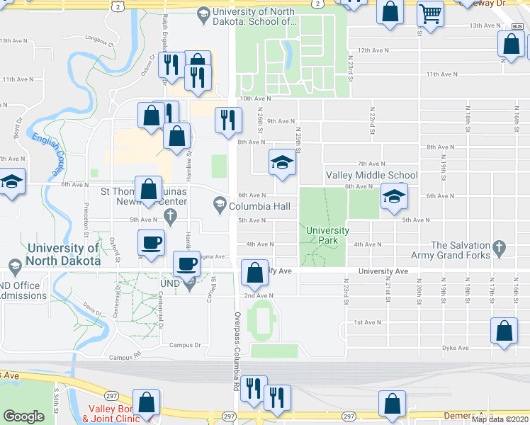 map of restaurants, bars, coffee shops, grocery stores, and more near 2617 6th Avenue North in Grand Forks