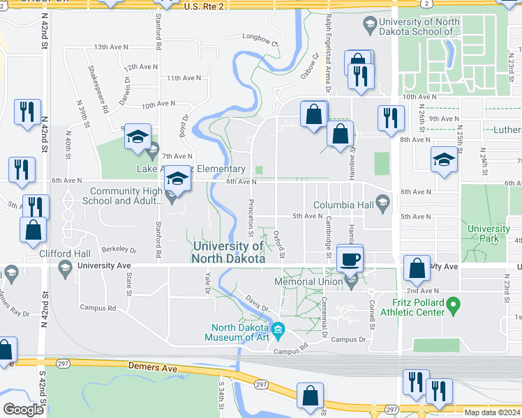 map of restaurants, bars, coffee shops, grocery stores, and more near 537-699 Princeton St in Grand Forks