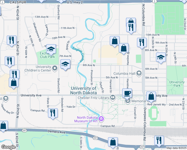 map of restaurants, bars, coffee shops, grocery stores, and more near 537-699 Princeton St in Grand Forks