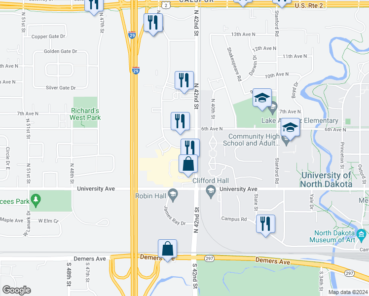 map of restaurants, bars, coffee shops, grocery stores, and more near 4157 5th Avenue North in Grand Forks