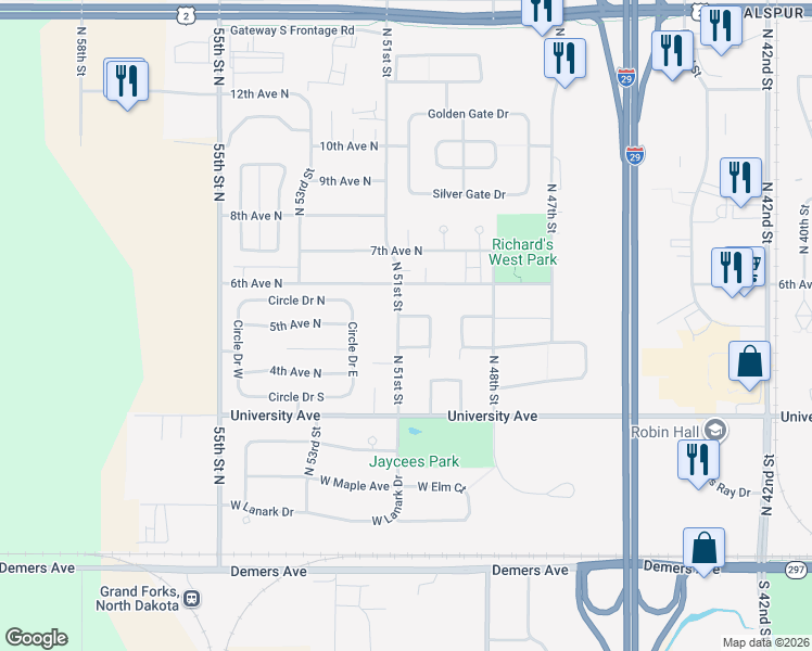 map of restaurants, bars, coffee shops, grocery stores, and more near 5067 5th Avenue North in Grand Forks