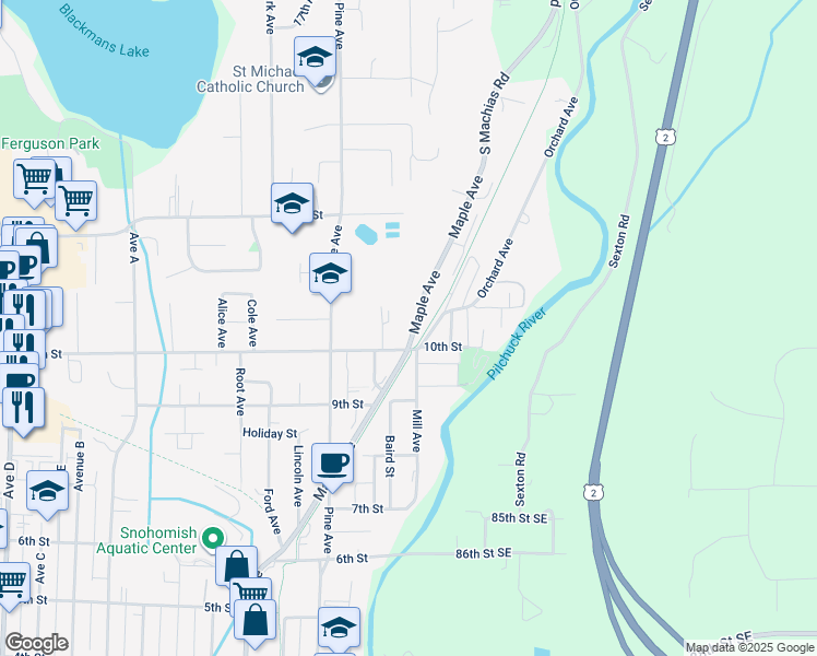 map of restaurants, bars, coffee shops, grocery stores, and more near 1021 Maple Avenue in Snohomish