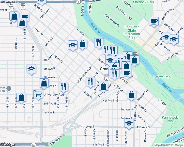 map of restaurants, bars, coffee shops, grocery stores, and more near 210 North 6th Street in Grand Forks