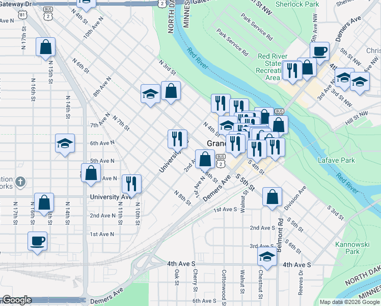 map of restaurants, bars, coffee shops, grocery stores, and more near in Grand Forks