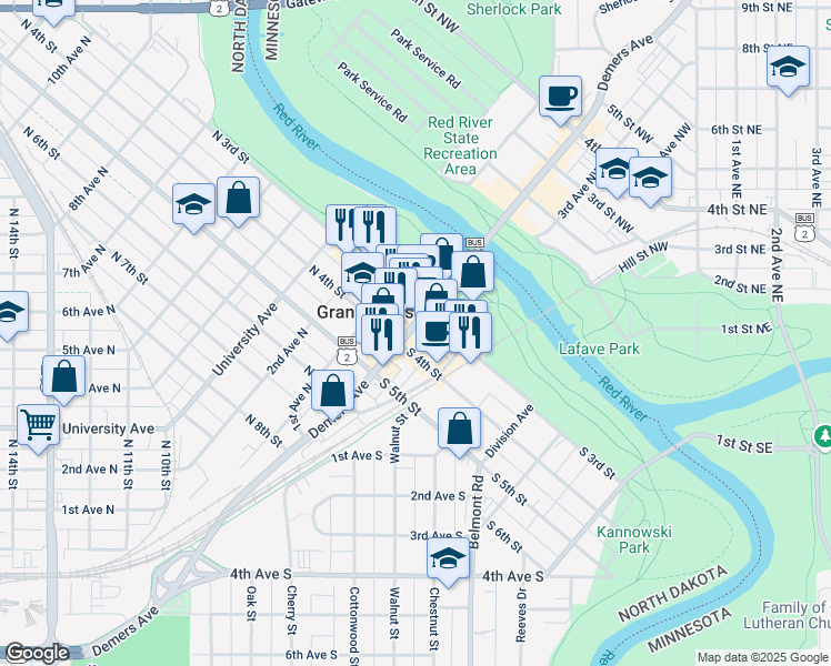 map of restaurants, bars, coffee shops, grocery stores, and more near 311 Demers Avenue in Grand Forks