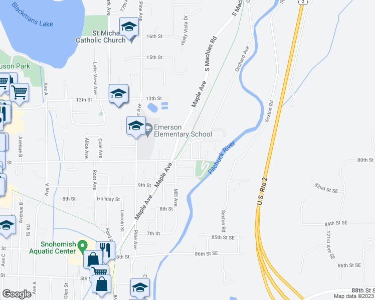 map of restaurants, bars, coffee shops, grocery stores, and more near 1010 Pilchuck Avenue in Snohomish