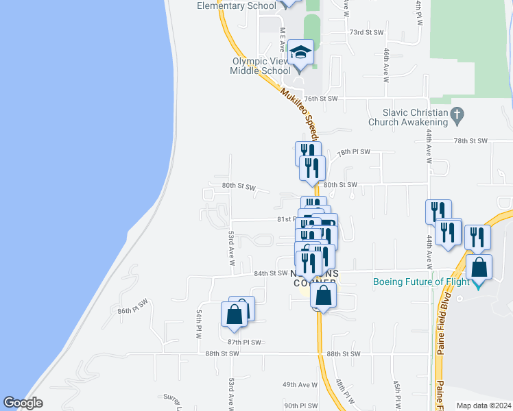 map of restaurants, bars, coffee shops, grocery stores, and more near 8031 52nd Avenue West in Mukilteo