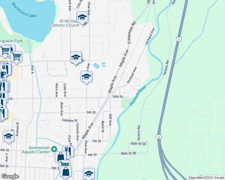 map of restaurants, bars, coffee shops, grocery stores, and more near 1021 Maple Avenue in Snohomish