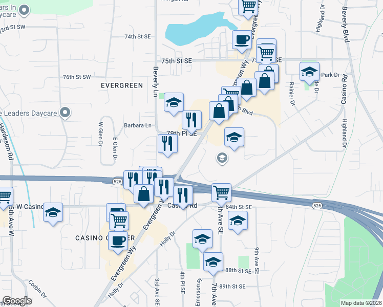map of restaurants, bars, coffee shops, grocery stores, and more near 8102 Evergreen Way in Everett