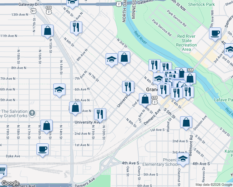 map of restaurants, bars, coffee shops, grocery stores, and more near 402 North 7th Street in Grand Forks