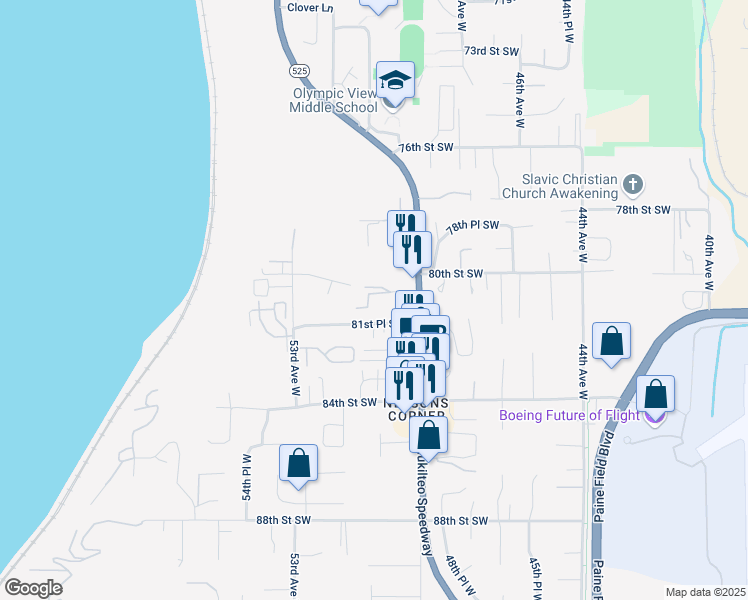 map of restaurants, bars, coffee shops, grocery stores, and more near 8020 Mukilteo Speedway in Mukilteo