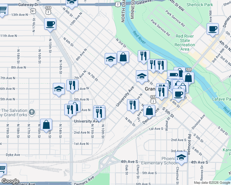 map of restaurants, bars, coffee shops, grocery stores, and more near 402 North 7th Street in Grand Forks
