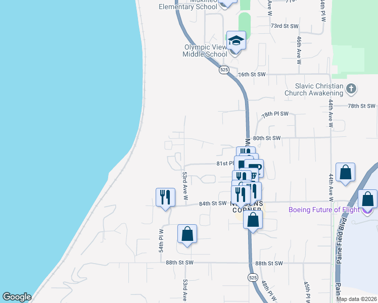 map of restaurants, bars, coffee shops, grocery stores, and more near 8025 53rd Avenue West in Mukilteo