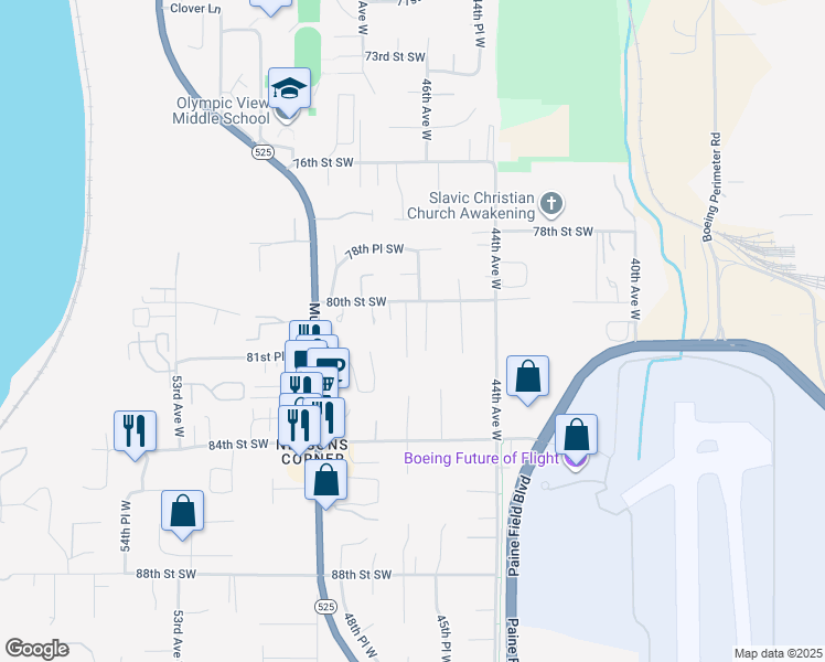 map of restaurants, bars, coffee shops, grocery stores, and more near 8029 46th Place West in Mukilteo