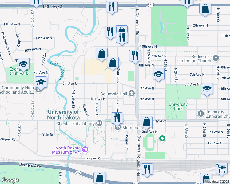 map of restaurants, bars, coffee shops, grocery stores, and more near 515 Hamline Street in Grand Forks