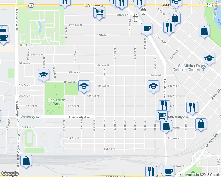 map of restaurants, bars, coffee shops, grocery stores, and more near 1809 6th Avenue North in Grand Forks