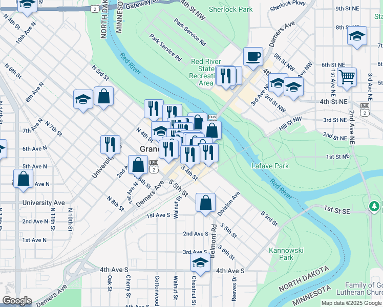 map of restaurants, bars, coffee shops, grocery stores, and more near 307 Demers Avenue in Grand Forks
