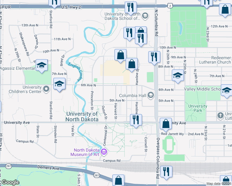 map of restaurants, bars, coffee shops, grocery stores, and more near 521 Harvard Street in Grand Forks
