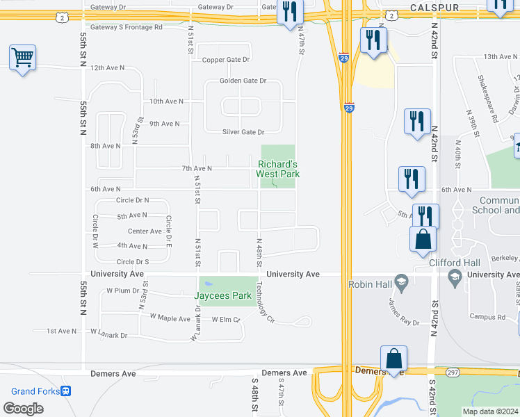 map of restaurants, bars, coffee shops, grocery stores, and more near 4859 5th Avenue North in Grand Forks