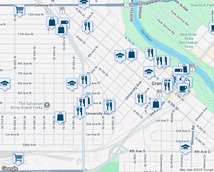 map of restaurants, bars, coffee shops, grocery stores, and more near 724 5th Avenue North in Grand Forks