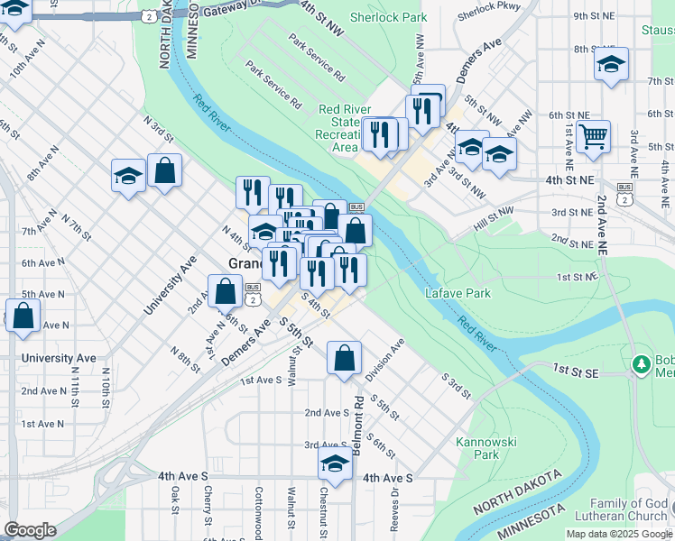 map of restaurants, bars, coffee shops, grocery stores, and more near 33 South 3rd Street in Grand Forks