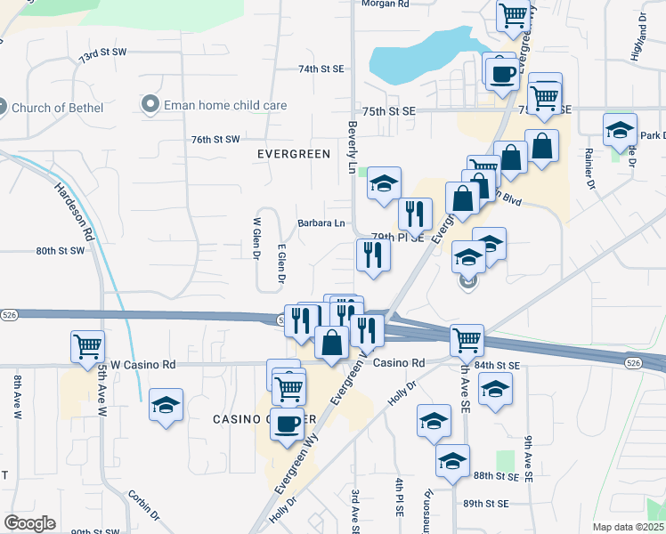 map of restaurants, bars, coffee shops, grocery stores, and more near 8022 Beverly Lane in Everett