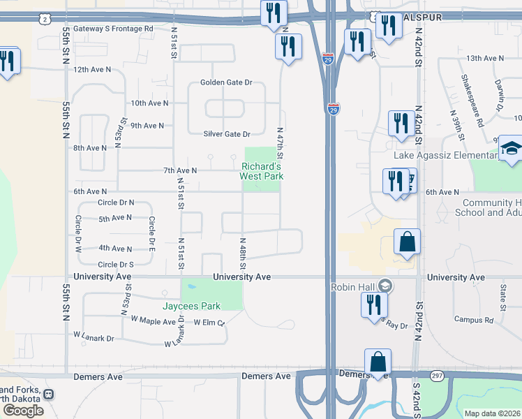 map of restaurants, bars, coffee shops, grocery stores, and more near 502 North 48th Street in Grand Forks