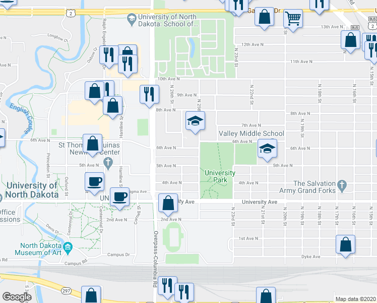 map of restaurants, bars, coffee shops, grocery stores, and more near 2505 6th Avenue North in Grand Forks