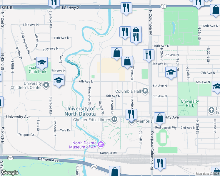 map of restaurants, bars, coffee shops, grocery stores, and more near 521 Harvard Street in Grand Forks