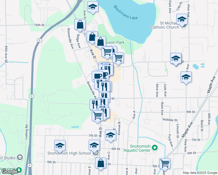 map of restaurants, bars, coffee shops, grocery stores, and more near 1101 Avenue D in Snohomish