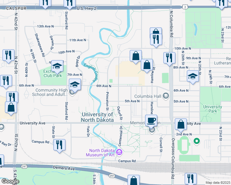 map of restaurants, bars, coffee shops, grocery stores, and more near 515 Oxford Street in Grand Forks