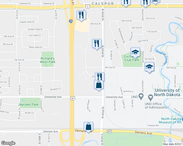 map of restaurants, bars, coffee shops, grocery stores, and more near 4240 5th Avenue North in Grand Forks