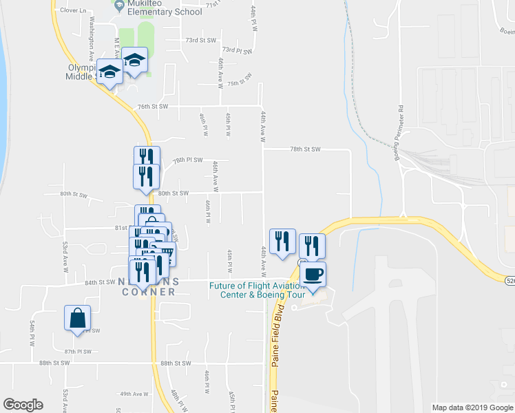 map of restaurants, bars, coffee shops, grocery stores, and more near 8020 44th Avenue West in Mukilteo