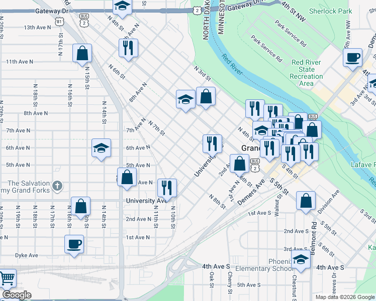 map of restaurants, bars, coffee shops, grocery stores, and more near 402 North 7th Street in Grand Forks