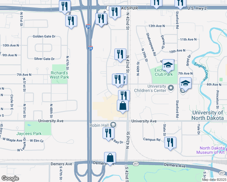 map of restaurants, bars, coffee shops, grocery stores, and more near 4240 5th Avenue North in Grand Forks