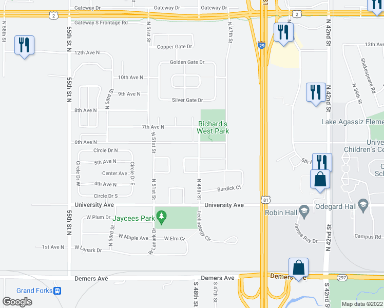 map of restaurants, bars, coffee shops, grocery stores, and more near 4859 5th Avenue North in Grand Forks