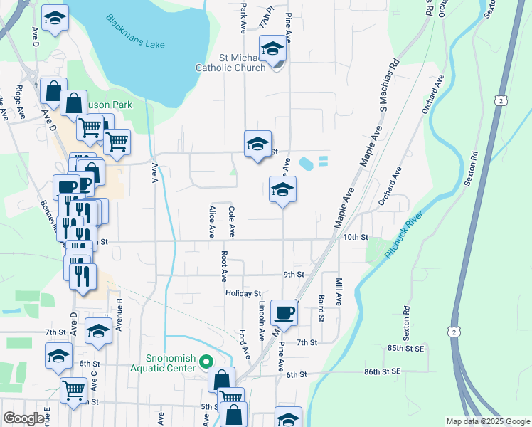 map of restaurants, bars, coffee shops, grocery stores, and more near 414 Emerson Street in Snohomish