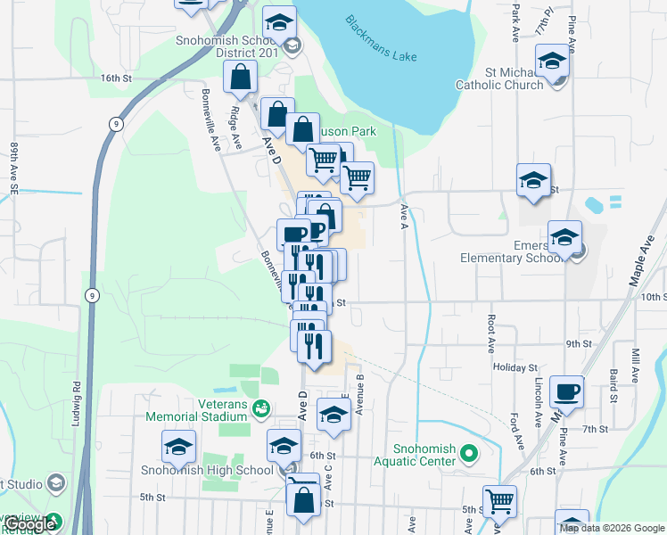 map of restaurants, bars, coffee shops, grocery stores, and more near 1101 Avenue D in Snohomish