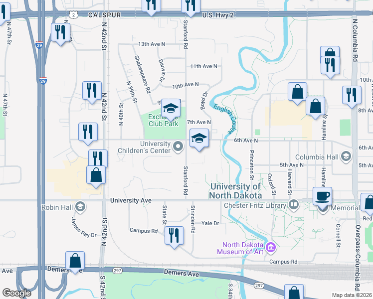 map of restaurants, bars, coffee shops, grocery stores, and more near in Grand Forks