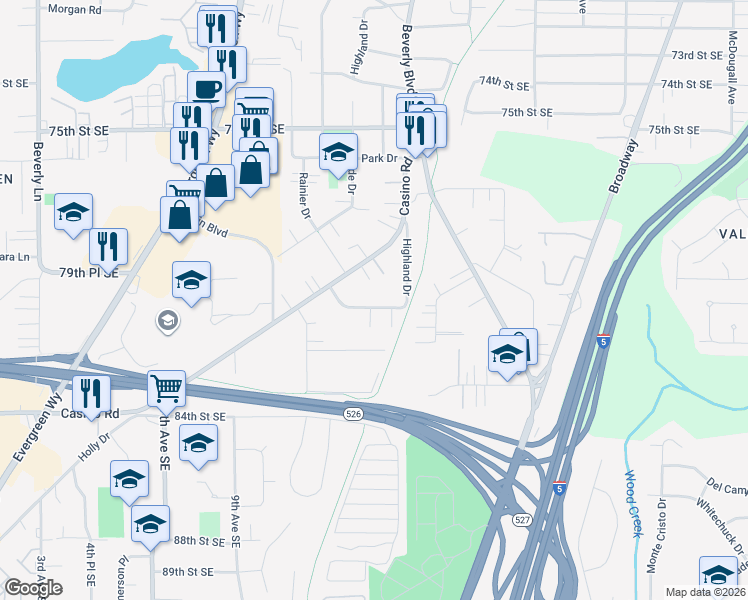 map of restaurants, bars, coffee shops, grocery stores, and more near 1401 Kossuth Avenue in Everett